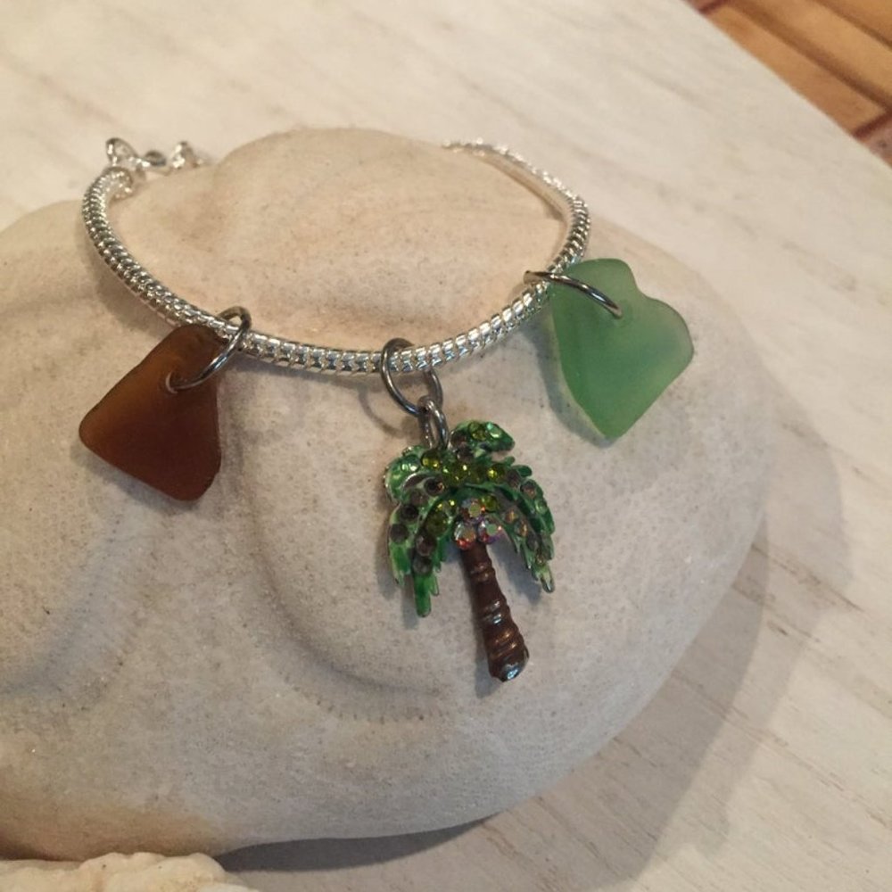 Green & Brown Sea Glass Bracelet with Palm Tree